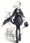  1girl absurdres bangs black_cape black_capelet black_footwear black_legwear black_skirt boots breasts buttons cape capelet commentary deer english_commentary expressionless fawn full_body grey_eyes hair_between_eyes hairband highres hito_komoru holding holding_stick holding_watering_can long_sleeves looking_at_viewer monochrome original pale_skin pantyhose pleated_skirt puffy_long_sleeves puffy_sleeves shadow shirt short_hair skirt solo standing stick underbust watering_can white_background white_hair white_shirt wind 