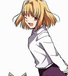  1girl animal_ears arcueid_brunestud arms_behind_back bangs blonde_hair cat_ears dress eyebrows_visible_through_hair from_side highres looking_at_viewer one_eye_closed open_mouth red_eyes shirt short_hair simple_background smile solo tsukihime white_background yuuma_(u-ma) 