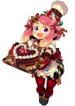  1girl :d absurdres apron blueberry blush boots bow cake character_request chef_hat cookie detached_sleeves flower food frilled_apron frilled_ribbon frilled_sleeves frills fruit full_body fur-trimmed_boots fur_trim gem gradient_hair hair_bow hair_flower hair_ornament hat heart-shaped_cake highres himukai_yuuji holding holding_tray idola_phantasy_star_saga medium_hair multicolored_hair orange_hair oven_mitts phantasy_star pink_hair puffy_short_sleeves puffy_shorts puffy_sleeves purple_eyes red_legwear ribbon shiny shiny_hair short_sleeves shorts simple_background smile solo standing star_(symbol) star_print strawberry tareme teeth toque_blanche tray upper_teeth white_background wrapped_candy 
