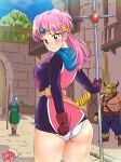  1girl 2boys ass blood blush breasts brown_eyes bulge circlet closed_mouth covering covering_ass dragon_quest dragon_quest_dai_no_daibouken dress dress_tug erection erection_under_clothes gloves maam multiple_boys nosebleed panties picolette_xiii pink_hair polearm short_hair spear underwear weapon 