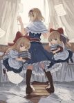  3girls alice_margatroid apron arms_up bangs blonde_hair blue_dress blue_eyes book book_stack boots brown_footwear capelet commentary_request curtains dress eyebrows_visible_through_hair floating from_side full_body grimoire_of_alice hair_ribbon hairband holding holding_book hourai_doll lolita_hairband long_hair looking_at_viewer looking_back multiple_girls ookashippo pages puffy_short_sleeves puffy_sleeves red_neckwear ribbon sash shanghai_doll shirt short_hair short_sleeves standing touhou waist_apron white_capelet white_shirt window wooden_floor 