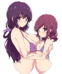  2girls age_difference asymmetrical_docking bikini blush breast_press breasts covered_nipples drill_hair eyebrows_visible_through_hair hair_ribbon highres large_breasts long_hair looking_at_viewer machikado_mazoku mature_female mel_(melty_pot) micro_bikini mother_and_daughter multiple_girls nipples purple_eyes purple_hair purple_ribbon ribbon see-through short_hair simple_background small_breasts swimsuit wet wet_hair white_background yoshida_ryouko yoshida_seiko 