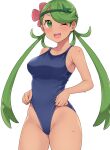  1girl ;d amane_hasuhito blue_swimsuit breasts commentary_request dark-skinned_female dark_skin flower green_eyes green_hair hair_flower hair_ornament long_hair looking_at_viewer mallow_(pokemon) medium_breasts one-piece_swimsuit one_eye_closed open_mouth pokemon pokemon_(game) pokemon_sm simple_background smile solo swimsuit teeth thighs twintails upper_teeth wet white_background 