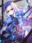  1girl armor blue_armor breasts fairy_knight_lancelot_(fate) fate/grand_order fate_(series) faulds highres long_hair looking_at_viewer open_mouth ripodpotato sidelocks small_breasts solo white_hair yellow_eyes 