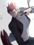  1boy 2bro. beard black_pants black_suit blurry blurry_foreground brown_hair crowbar facial_hair gradient gradient_background lambdog_(sheep) looking_at_viewer male_focus necktie necktie_grab neckwear_grab otoja_(2bro.) pants red_eyes shirt simple_background solo white_shirt 