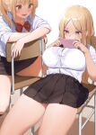  2girls blonde_hair blush bow bowtie breasts brown_skirt button_gap cellphone chair fingernails forehead holding holding_phone kaisen_chuui large_breasts long_hair looking_at_another looking_at_phone multiple_girls on_chair open_mouth original phone purple_eyes red_bow red_bowtie school_uniform shirt side-tie_peek sitting skirt thighs white_shirt yellow_eyes 