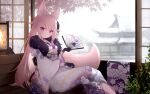  1girl animal_ears bangs breasts character_request copyright_request feet_out_of_frame fox_ears fox_tail gloves guo582 hair_ornament hand_fan highres holding holding_fan japanese_clothes kimono long_hair long_sleeves looking_at_viewer pink_hair purple_eyes sitting tail 