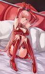  1girl armpits bangs bdsm bed blush bondage bondage_outfit boots bound breasts elbow_gloves eyebrows_behind_hair eyebrows_visible_through_hair fate/grand_order fate_(series) full_body gloves highres long_hair looking_at_viewer lying medb_(alluring_chief_warden_look)_(fate) medb_(fate) pillow pink_hair red_footwear red_gloves sarhce skirt smile solo thigh_boots thighhighs underwear yellow_eyes 