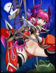  1girl arms_behind_back ass bdsm bikini blue_eyes blush_stickers bondage boots bound crotch_rope dragon_horns dragon_tail elbow_gloves elizabeth_bathory_(brave)_(fate) elizabeth_bathory_(fate) eyebrows_visible_through_hair fate/grand_order fate_(series) full_moon gagged gloves highres horns moon night orc pink_hair pointy_ears red_bikini rope sharpffffff signature suspension swimsuit tail thighhighs 