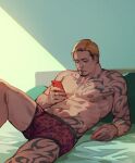  1boy abs akutsu_daimu arm_tattoo bara blonde_hair boxers bulge chest_tattoo cigarette commentary_request dark-skinned_male dark_skin edging_underwear facial_hair feet_out_of_frame goatee holding holding_phone jaguar_print jewelry knee_up large_pectorals leg_tattoo lost_judgment lying male_focus male_underwear mature_male multicolored_hair muscular muscular_male navel navel_hair nipples on_back on_bed pectorals phone red_male_underwear ring short_hair sideburns smoking solo stomach tattoo thick_thighs thighs topless_male two-tone_hair underwear zoo_(oukakumaku) 