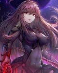  1girl armor bangs bodysuit breasts closed_mouth commentary covered_navel covered_nipples dual_wielding eyebrows_visible_through_hair fate/grand_order fate_(series) gae_bolg_(fate) hisahisahisahisa holding light_particles lips long_hair looking_at_viewer medium_breasts noise pauldrons polearm purple_bodysuit purple_hair red_eyes red_hair revision scathach_(fate) shoulder_armor skin_tight solo spear standing weapon 