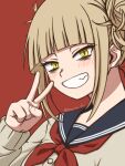  1girl bags_under_eyes bangs blonde_hair blue_sailor_collar blunt_bangs blush boku_no_hero_academia cardigan commentary_request double_bun grin hand_up happy long_sleeves looking_at_viewer messy_hair morte_ai neckerchief red_background red_neckerchief sailor_collar sanpaku school_uniform serafuku short_hair sidelocks simple_background slit_pupils smile solo toga_himiko twitter_username upper_body v yellow_cardigan yellow_eyes 