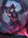  1girl absurdres armor arrow_(projectile) bow cglas elf fantasy feathers fighting_stance highres hood magic pointy_ears red_eyes shoulder_armor sylvanas_windrunner undead warcraft world_of_warcraft 