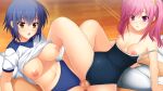  1boy 2girls arm_support bangs black_swimsuit blue_buruma blue_hair blush breasts brown_eyes buruma censored clothes_lift clothes_pull collarbone eyebrows_visible_through_hair ffm_threesome game_cg girl_on_top group_sex gym_uniform hair_between_eyes hair_ornament hair_scrunchie hetero indoors kamijo_tsubasa koizumi_amane large_breasts leaning_back long_hair medium_breasts miyamae_iroha mosaic_censoring multiple_girls nipples official_art open_mouth parted_lips penis pink_eyes pink_hair school_swimsuit scrunchie sei_shoujo_~seido_ikusei_gakuen~ shiny shiny_hair shirt shirt_lift short_hair short_sleeves swimsuit swimsuit_pull threesome twintails white_shirt yellow_scrunchie 