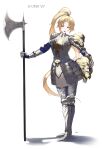  1girl absurdres armor axe blonde_hair commentary full_body gauntlets highres knight looking_at_viewer original ponytail subu_art weapon 