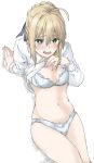  1girl ahoge artoria_pendragon_(fate) blonde_hair blush breasts clothes_lift commentary_request elf_(stroll_in_the_woods) fate/stay_night fate_(series) green_eyes hair_bun hair_ribbon highres lingerie looking_at_viewer midriff navel panties ribbon saber shirt shirt_lift solo underwear white_shirt 