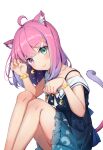  1girl :3 absurdres ahoge animal_ear_fluff animal_ears bangs bare_legs blue_dress blush bracelet candy_hair_ornament cat_ears cat_girl cat_tail closed_mouth commentary_request crescent crescent_earrings dress earrings eyebrows_visible_through_hair feet_out_of_frame food-themed_hair_ornament gradient_hair green_eyes hair_ornament head_tilt heterochromia highres himemori_luna hololive jewelry knees_up long_hair looking_at_viewer multicolored_hair paw_pose pink_hair print_dress purple_eyes purple_hair shyi sitting solo starry_sky_print tail tail_raised virtual_youtuber 