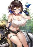  1girl :o absurdres anaconda arknights arm_strap bandeau bangs bare_legs bare_shoulders belt_pouch bird black_hair black_shorts blue_eyes blunt_bangs blush breasts cleavage collarbone colored_inner_hair commentary covered_nipples crocodilian_tail crop_top crop_top_overhang curvy ear_piercing english_commentary eunectes_(arknights) eunectes_(forgemaster)_(arknights) eyebrows_visible_through_hair feet_out_of_frame foliage gloves groin hand_up high_priest_(arknights) highres id_card large_breasts linea_alba looking_at_viewer medium_hair midriff multicolored_hair navel official_alternate_costume open_mouth perky_breasts piercing pink_pupils pointy_ears pouch qianshui_baodan revealing_clothes shirt short_shorts shorts sitting sketch snake_tail tail tank_top thigh_strap thighs torn_clothes tsurime two-tone_hair upturned_eyes white_shirt 