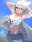  1girl absurdres armpits arms_up bangs bikini blue_sky blurry blush braid cloak commentary_request cowboy_shot crown_braid depth_of_field earrings grey_hair grin hair_between_eyes highres hood hooded_cloak idolmaster idolmaster_cinderella_girls jewelry lens_flare looking_away midriff multi-strapped_bikini navel ocean sanshoku_dango_(ahxf3842) shiomi_syuko short_hair shorts sky smile solo standing standing_on_one_leg striped striped_bikini sunlight swimsuit 