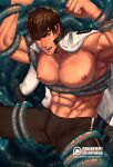  1boy abs alternate_pectoral_size arkapami bara bare_pectorals black_male_swimwear blue_eyes blush bound bound_legs bound_wrists brown_hair bulge english_commentary feet_out_of_frame highres large_pectorals legskin looking_at_viewer lu_bu_(seven_knights) male_focus male_swimwear muscular muscular_male navel nipples open_clothes open_shirt pectorals reward_available seven_knights short_hair solo spread_legs stomach tentacles tentacles_on_male thick_thighs thighs wet 