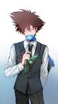  1boy absurdres arm_behind_back black_necktie black_pants blue_flower blue_rose bouquet brown_hair chinese_commentary closed_eyes digimon digimon_adventure_tri. facing_viewer flower gradient gradient_background hair_between_eyes highres holding holding_bouquet holding_flower layla_836829767 legs_apart long_sleeves male_focus necktie pants rose shirt short_hair solo standing vest white_shirt yagami_taichi 