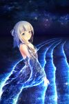  1girl absurdres asa-ai blue_hair dress fantasy gawr_gura glowing gradient_hair highres hololive hololive_english looking_at_viewer multicolored_hair night night_sky ocean outdoors shark shark_girl short_hair sky smile solo star_(sky) starry_sky virtual_youtuber water white_hair 