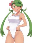  1girl ;d amane_hasuhito breasts dark-skinned_female dark_skin flower green_eyes green_hair hair_flower hair_ornament long_hair looking_at_viewer mallow_(pokemon) medium_breasts one-piece_swimsuit one_eye_closed open_mouth pokemon pokemon_(game) pokemon_sm simple_background smile solo swimsuit teeth thighs twintails upper_teeth wet white_background white_swimsuit 