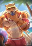  1boy abs absurdres animal_ears bara beach beige_fur bulge commentary_request cowboy_shot furry furry_male highres inkudoragoon large_pectorals lifeguard long_hair looking_at_viewer male_focus male_swimwear muscular muscular_male navel no_nipples official_alternate_costume orange_fur pang_(sdorica) pectorals red_male_swimwear sand sdorica solo stomach sunlight swim_trunks thick_eyebrows tiger_boy tiger_ears topless_male tree two-tone_fur water whistle whistle_around_neck 