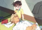  2boys age_difference amuro_tooru bangs bed bedroom black-framed_eyewear blonde_hair blue_eyes blue_necktie blurry blush book brown_hair buttons child closed_mouth collared_shirt commentary_request depth_of_field dress_shirt edogawa_conan fingernails glasses grey_jacket grey_shorts hand_on_another&#039;s_head height_difference highres indoors jacket jacket_removed k_(gear_labo) long_sleeves looking_at_another looking_down lying male_focus meitantei_conan multiple_boys necktie necktie_removed no_shoes on_back on_floor parted_lips shadow shirt short_hair short_sleeves shorts sitting sleeping socks t-shirt white_legwear white_shirt yellow_shirt 