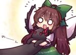  2girls :3 animal animal_ears bangs bird_wings black_cat blush bow brown_hair cape cat cat_ears center_frills commentary_request feathered_wings frilled_skirt frills glint green_bow green_skirt hair_bow hair_ribbon holding holding_animal holding_cat kaenbyou_rin kaenbyou_rin_(cat) long_hair longcat multiple_girls o_o open_mouth puffy_short_sleeves puffy_sleeves red_bow red_eyes reiuji_utsuho ribbon shirt short_sleeves sidelocks simple_background skirt standing touhou tress_ribbon twitter_username unime_seaflower upper_body white_background white_cape white_shirt wings 