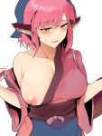  1girl absurdres animal_ears bangs banned_artist bare_shoulders blue_headwear blush breasts collarbone commentary_request eyebrows_visible_through_hair head_scarf hekiga_(freelot) highres japanese_clothes large_breasts mystia_lorelei nipples okamisty one_breast_out pink_hair red_eyes short_hair simple_background smile solo sweat touhou white_background 