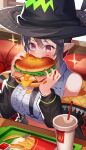  +_+ 1girl absurdres amahara_subaru bangs black_hair black_headwear black_jacket blush burger commentary_request crop_top cup disposable_cup drinking_straw eating fang food food_in_mouth food_on_clothes food_on_face french_fries hair_between_eyes hat highres holding holding_food indie_virtual_youtuber isonade_orca jacket long_sleeves multicolored_hair nail_polish off_shoulder open_clothes open_jacket pointy_ears puffy_long_sleeves puffy_sleeves red_eyes red_hair red_nails shirt short_hair sidelocks skin_fang solo sparkle streaked_hair tray virtual_youtuber white_shirt witch_hat 