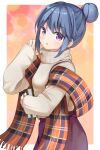  1girl :o bangs blue_hair blush book brown_sweater commentary_request eyebrows_visible_through_hair fringe_trim hair_bun hand_up highres holding holding_book keito4f long_sleeves looking_at_viewer parted_lips plaid purple_eyes purple_skirt shawl shima_rin sidelocks skirt sleeves_past_wrists solo sweater turtleneck turtleneck_sweater yurucamp 