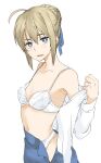  1girl ahoge artoria_pendragon_(fate) bangs blonde_hair blush bra braid breasts commentary_request elf_(stroll_in_the_woods) fate/stay_night fate_(series) green_eyes hair_bun hair_ribbon highres lingerie panties ribbon saber skirt solo underwear undressing 
