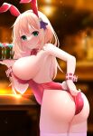  1girl absurdres alternate_breast_size alternate_costume animal_ears ass azur_lane balut_(7676i) blurry blurry_background bow bowtie breasts cocktail_glass cup detached_collar drinking_glass fake_animal_ears fake_tail green_eyes highleg highleg_leotard highres holding holding_tray large_breasts leander_(azur_lane) leotard light_brown_hair long_hair looking_at_viewer playboy_bunny rabbit_ears rabbit_tail red_leotard solo strapless strapless_leotard tail thighhighs tray white_legwear wrist_cuffs 