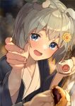  1girl animal_ears bangs bath_yukata blue_eyes blurry blurry_background blush commentary ears_down food food_on_face glass_bottle grey_hair hair_ornament horse_ears japanese_clothes kimono looking_at_viewer mochi open_mouth out_of_frame panda_inu pov reaching_out seiun_sky_(umamusume) short_hair smile steam tile_floor tiles umamusume upper_body yogurt yukata 