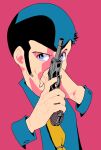  1boy arm_hair arsene_lupin_iii black_eyes black_hair blue_eyes blue_hair blue_shirt gun handgun highres holding holding_gun holding_weapon lupin_iii male_focus necktie nnasuke333 pink_background pink_theme pink_vest shirt solo vest walther walther_p38 weapon yellow_necktie 