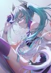 1girl absurdres aqua_hair blue_background blue_eyes blurry breasts depth_of_field digital_dissolve eyebrows_visible_through_hair foot_out_of_frame gloves half_gloves hand_up hatsune_miku highres large_breasts long_hair looking_at_viewer microphone pants partially_fingerless_gloves purple_legwear sitting skindentation solo tears thighhighs thighs tian_tai_ban tight tight_pants two_side_up vocaloid zettai_ryouiki 