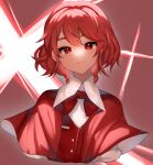  1girl bangs bow bowtie braid braided_ponytail capelet closed_mouth commentary cropped_torso expressionless eyebrows_behind_hair head_tilt highres long_hair looking_at_viewer majime_joe okazaki_yumemi red_bow red_bowtie red_capelet red_eyes red_hair red_vest simple_background solo touhou touhou_(pc-98) upper_body vest wing_collar 