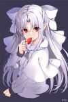  1girl bow capelet dress food fruit grey_background hair_bow hand_to_own_mouth highres long_hair looking_at_viewer melty_blood nozomi_tsubame pointy_ears red_eyes ribbon silver_hair simple_background smile solo strawberry tsukihime upper_body white_capelet white_dress white_len_(tsukihime) 