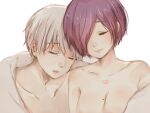  1boy 1girl bangs bare_shoulders blanket breasts cleavage closed_eyes closed_mouth collarbone eyebrows_visible_through_hair grey_background grey_hair hair_over_one_eye heads_together kaneki_ken kirishima_touka mole mole_on_breast open_mouth purple_hair short_hair simple_background sleeping smile tokyo_ghoul tokyo_ghoul:re toukaairab upper_body 