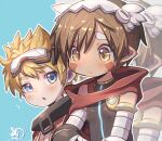  2boys bandam blonde_hair blue_background blush brown_hair character_request child closed_mouth commission dark-skinned_male dark_skin goggles goggles_on_head headgear made_in_abyss male_focus multiple_boys pointy_ears regu_(made_in_abyss) skeb_commission staring yellow_eyes 