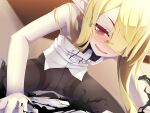  1boy 1girl :d airi_(ogami_kazuki) bags_under_eyes bangs black_bow black_bowtie black_legwear blonde_hair blouse blush bow bow_panties bowtie breasts bulge commentary_request darkness fangs from_below glasses hair_over_one_eye hand_on_another&#039;s_chest highres indoors jitome long_hair looking_at_viewer nose_blush ogami_kazuki original pale_skin panties pantyhose pov red_eyes rimless_eyewear sheer_legwear sidelocks skinny sleeveless_blouse slit_pupils small_breasts smile solo_focus sweatdrop tears torn_clothes torn_legwear underwear vampire white_bow white_panties 