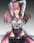  1girl anonamos arms_behind_head arms_up breasts brown_eyes brown_hair covered_navel gradient gradient_background heterochromia highres long_hair looking_at_viewer medium_breasts multicolored_hair neo_politan pink_eyes pink_hair rwby smile solo thighs 