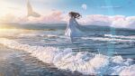  1girl absurdres bangs banishment beach brown_hair cloud commentary_request dress highres humpback_whale long_hair moon original sand scenery sky solo standing water waves whale whale_tail 
