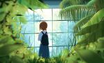  1girl absurdres backpack bag blurry blurry_foreground brown_hair commentary commission foliage frxe3828 grass highres leaf long_skirt looking_afar original plant shirt short_hair sidelocks skeb_commission skirt solo standing white_shirt window 