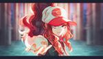  1girl backlighting bangs black_jacket blue_eyes closed_mouth hat hilda_(pokemon) holding jacket long_hair looking_at_viewer open_clothes open_jacket poke_sanho35 pokemon pokemon_(game) pokemon_bw shirt solo white_shirt 
