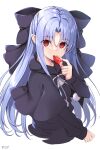  1girl black_capelet black_dress blue_hair bow capelet dress empty_eyes food fruit hair_bow hand_to_own_mouth highres len_(tsukihime) long_hair looking_at_viewer melty_blood nozomi_tsubame pointy_ears red_eyes ribbon simple_background solo strawberry tsukihime upper_body white_background 