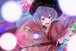  1girl bowl bowl_hat danmaku dress hat holding holding_needle in_bowl in_container japanese_clothes kimono mallet matsukuzu minigirl miracle_mallet needle needle_sword obi open_mouth purple_eyes purple_hair red_kimono sash short_hair smile solo sukuna_shinmyoumaru touhou 