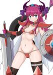  1girl armor ass_visible_through_thighs asymmetrical_horns bikini bikini_armor blue_eyes breasts cape commentary_request cowboy_shot curled_horns dragon_girl dragon_horns dragon_tail elizabeth_bathory_(brave)_(fate) elizabeth_bathory_(fate) eyebrows_visible_through_hair fate/grand_order fate_(series) highres holding holding_shield holding_sword holding_weapon horns long_hair loose_bikini navel oversized_clothes pauldrons pink_hair red_armor red_bikini runate shield shoulder_armor silver_trim small_breasts solo standing swimsuit sword tail tiara vambraces weapon white_cape 